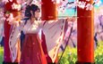 тории, miko, аниме девочка, лучник, sakura blossom, shrine