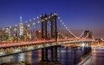 свет, ночь, огни, мост, город, сша, нью йорк, манхэттенский мост