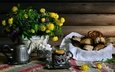 цветы, лимон, букет, чай, сахар, выпечка, натюрморт, булочки, сдоба