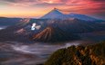 горы, восход, природа, закат, туман, вулкан, индонезия, ява, бромо, jawa