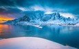 вода, горы, снег, природа, зима, пейзаж, норвегия, лофотенские острова, фьорд
