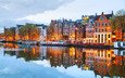 река, отражение, город, дома, нидерланды, амстердам