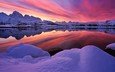озеро, горы, природа, закат, зима, пейзаж, норвегия, лофотенские острова