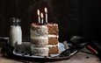 шоколад, сладкое, день рождения, торт, бутылочка, свечки, лопатка, ситечко, крем, торт со свечками