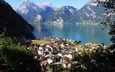 озеро, горы, пейзаж, город, швейцария, morschach