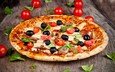 еда, грибы, сыр, листочки, помидоры, пицца, маслины, блюдо