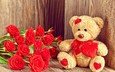 цветы, розы, мишка, любовь, букет, тедди, подарок, плюшевый медведь, валентинов день