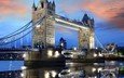 небо, облака, огни, вода, вечер, закат, отражение, мост, великобритания, лондон, темза, англия, европа, тауэрский мост, соединенное королевство, столица, та́уэрский мост