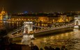 ночь, огни, река, панорама, мост, город, архитектура, здания, венгрия, будапешт, дунай, цепной мост