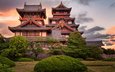 закат, замок, япония, киото, архитектура, замок фусими