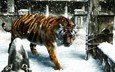 тигр, снег, зима, рендеринг