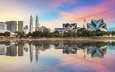 закат, отражение, город, здания, малайзия, куала-лумпур
