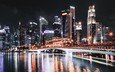 ночь, огни, река, отражение, мост, город, небоскребы, архитектура, здания, сингапур, городской пейзаж