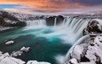 река, скалы, снег, природа, камни, закат, зима, водопад, исландия, р, водопад годафосс