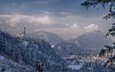 горы, зима, панорама, германия, бавария, замок нойшванштайн