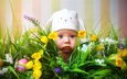 цветы, трава, тюльпаны, ребенок, кролик, шапка, пасха, яйца, праздник