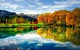 река, горы, природа, лес, отражение, пейзаж, осень