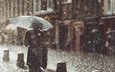 снег, девушка, настроение, город, дождь, зонт, пальто