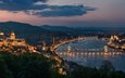 река, панорама, ночной город, мосты, венгрия, будапешт, цепной мост, река дунай, замок буда, будайская крепость