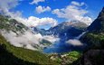 облака, горы, панорама, деревня, норвегия, норвегии, гейрангер-фьорд, фьорд, geirangerfjord, more og romsdal, мёре-ог-ромсдал, geiranger, гейрангер