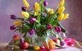 цветы, фрукты, тюльпаны, апельсин, яблоко, ваза, лента, стакан