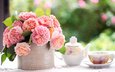 цветы, розы, букет, чашка, ваза, чайник, натюрморт