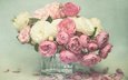 цветы, розы, лепестки, букет, розовые, белые, ваза
