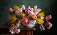 цветы, бутоны, лепестки, стол, букет, тюльпаны, ваза