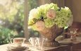 цветы, букет, ваза, посуда, пионы, гортензия