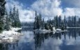 небо, облака, горы, снег, природа, зима, отражение,     деревья
