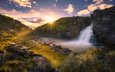 небо, облака, река, скалы, природа, водопад, норвегия, национальный парк