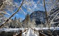 деревья, река, снег, природа, зима, гора, мост, калифорния, йосемитский национальный парк,     деревья