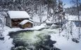деревья, река, снег, зима, сугробы, хижина, финляндия