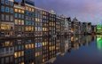 вода, отражение, канал, дома, здания, нидерланды, амстердам