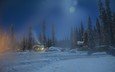 ночь, деревья, снег, природа, лес, зима, домик, швеция, лапландия