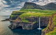 скалы, природа, море, водопад, фарерские острова, дания, паксмурно
