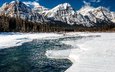 река, горы, снег, природа, лес, зима, лёд, льдины, канада, национальный парк джаспер, провинция альберта
