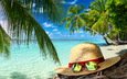лето, очки, пальмы, океан, тропики, шляпа, отпуск