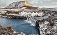 река, горы, скалы, снег, природа, камни, зима, гора, водопад, исландия, тьоувафосс, водопад тьоувафосс