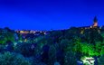 ночь, деревья, огни, панорама, мост, замок, дома, люксембург