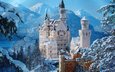 зима, замок, башня, германия, нойшванштайн, бавария