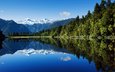 небо, вода, озеро, лес, отражение, гора, новая зеландия