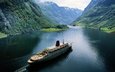 горы, природа, корабль, норвегия, фьорд