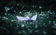 вода, капли, дождь, оригами, кораблик, бумажный кораблик