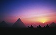 закат, люди, пустыня, египет, караван, верблюды, пирамиды