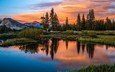 деревья, озеро, горы, природа, лес, закат, отражение, пейзаж, закат солнца, калифорния, йосемити, йосемитский национальный парк калифорния