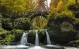 деревья, река, мост, водопад, осень, мох, люксембург
