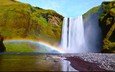 вода, природа, пейзаж, водопад, радуга, исландия, национальный парк, скоугафосс, водопад скоугафосс