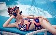 девушка, поза, модель, бассейн, купальник, азиатка, солнцезащитные очки