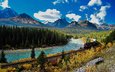 горы, железная дорога, природа, путь, поезд, канада, альберта, горная река, банф, состав, тепловоз